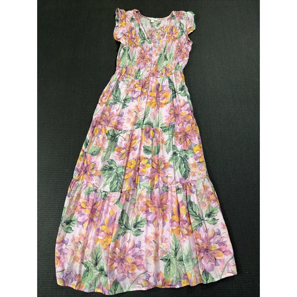 by the river Floral Smocked Maxi Dress Pink Multicolor Flutter Sleeve Ruffle L
